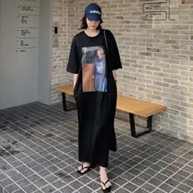 영블리 톰보이 프린트 트임 롱원피스 빅사이즈 라운드넥여름원피스 (99까지 착용가능)