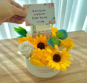 [프렌치로즈]LED 반전 돈케이크 돈나오는 플라워 용돈케이크, 옐로우 해바라기믹스