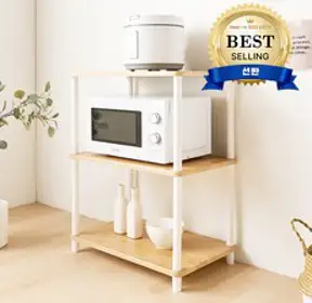 조립식 스마트 전자렌지수납장 선반 렌지대 밥솥다이 진열장 3단, 오크화이트
